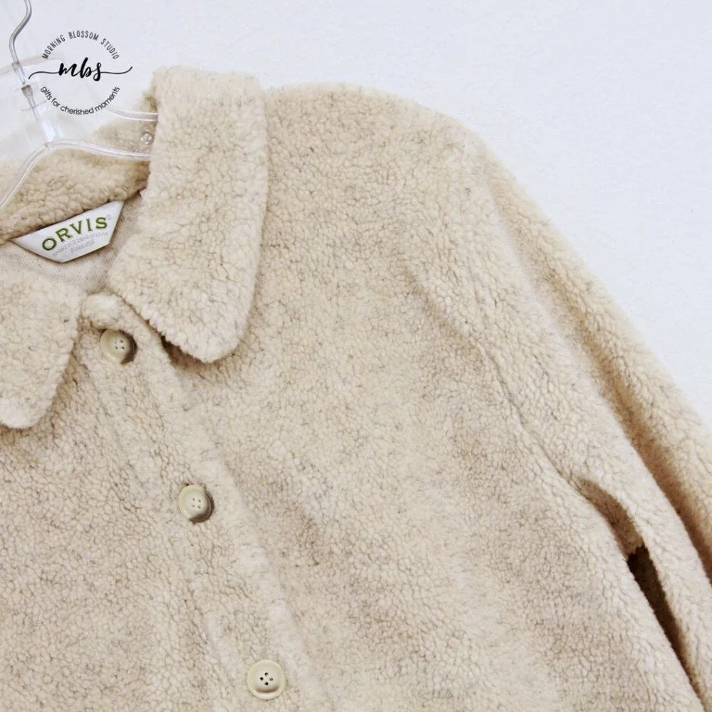 Orvis Vintage Faux Sherpa Floral Tapestry Teddy Jacket Cream Tan Women M‎